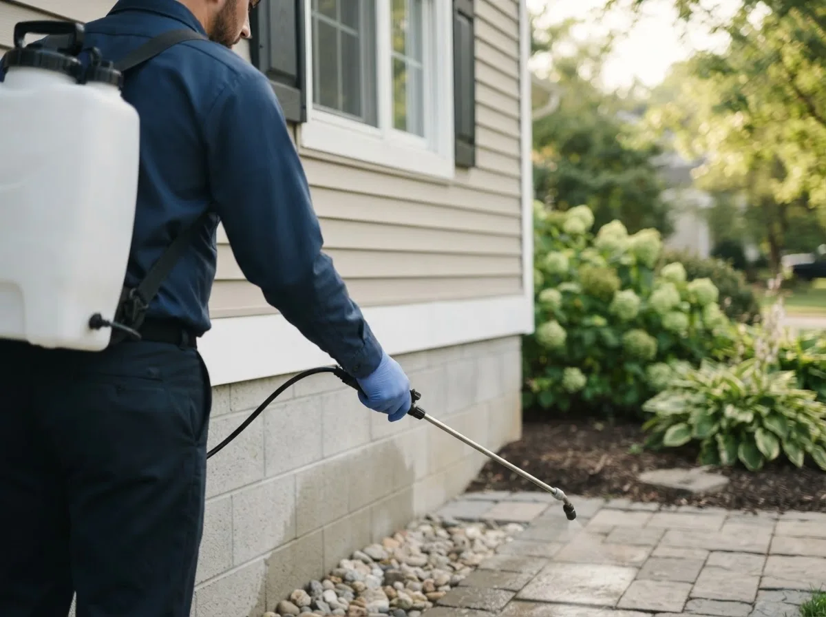 Pest control technician inspecting a home in Hartfield, VA